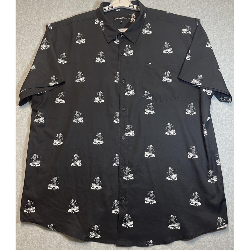 MOLOKAI SURF CO Men's 2XL Black Surfing Skelton Short Sleeve Button Up Shirt